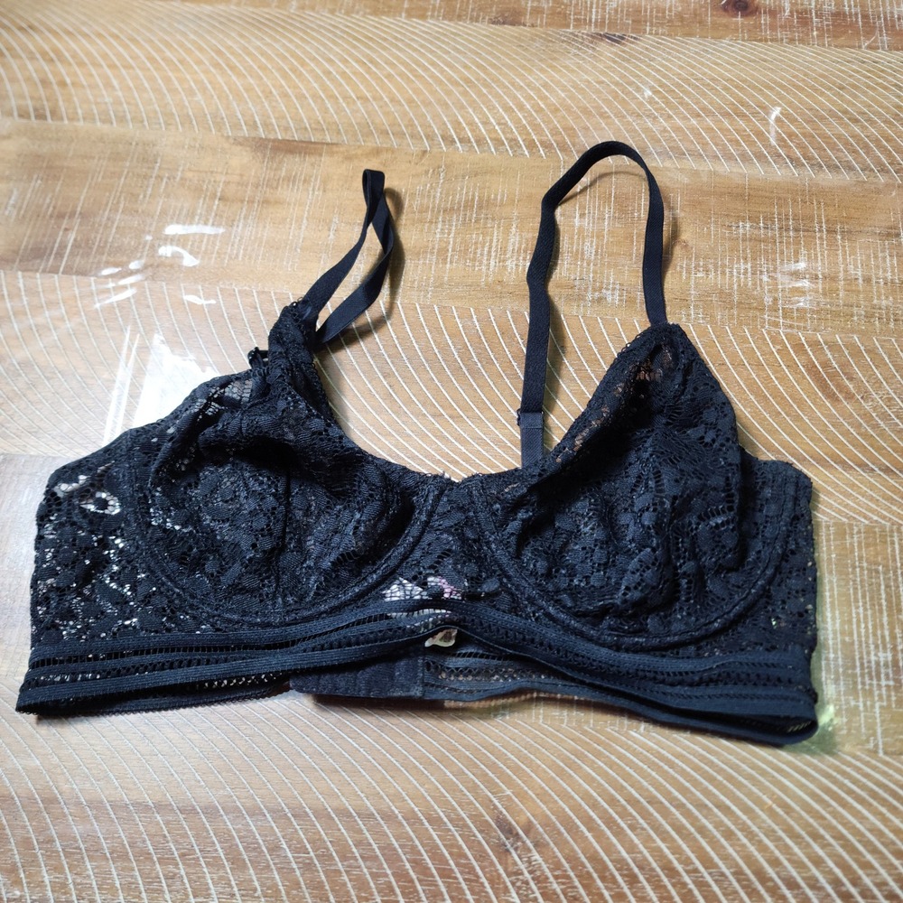 Black Floral Lace Longline Bra Underwire Unlined 34C Adjustable Straps